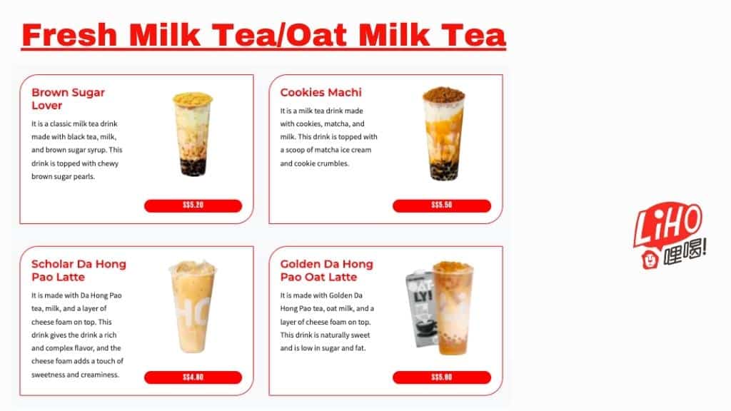Liho Menu SG - Fresh Milk Tea/Oat Milk Tea